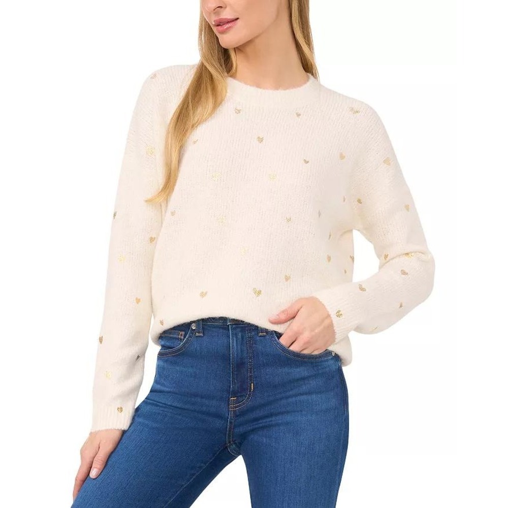 CeCe Crewneck Sweater Womens XL Cream Gold‎ Heart Wool Holiday Twee Classic NWT
